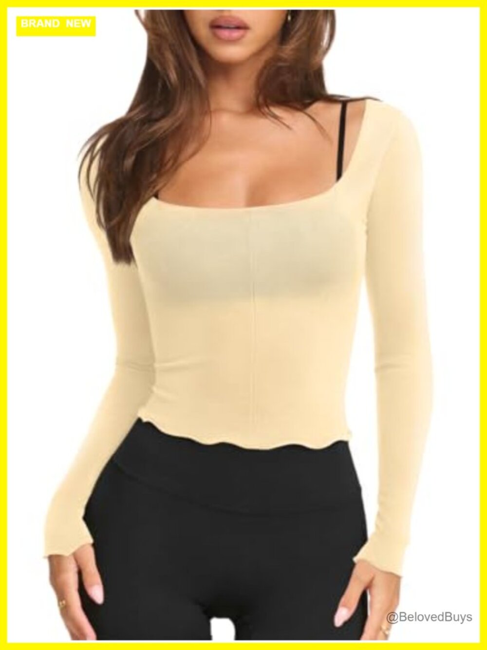 Semi Sheer Long Sleeve Workout Top Square Neck Lettuce Trim
